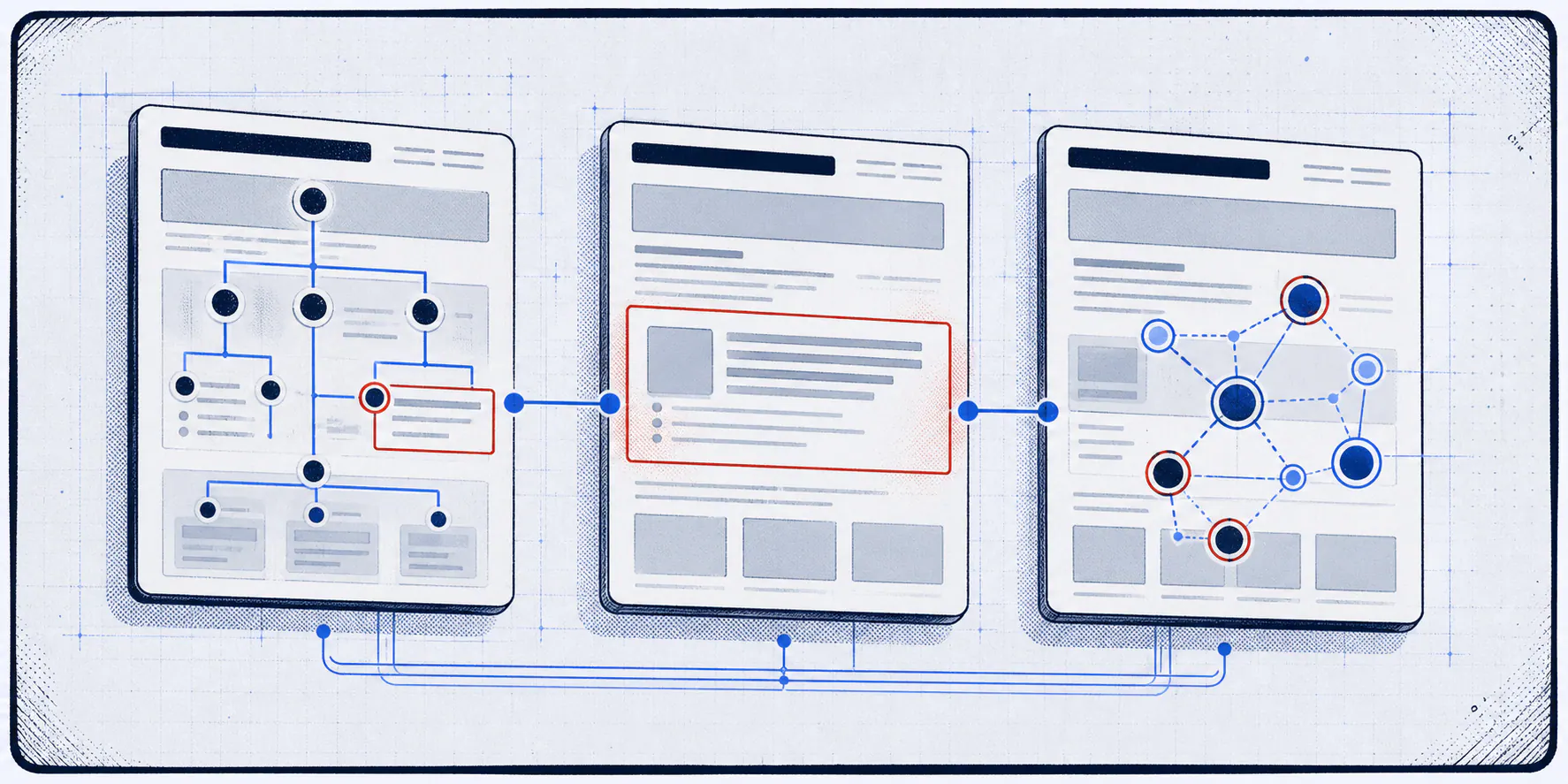 Comic-style panel showing the same web page three times with crawl structure, answer block, and citation signal layers highlighted.
