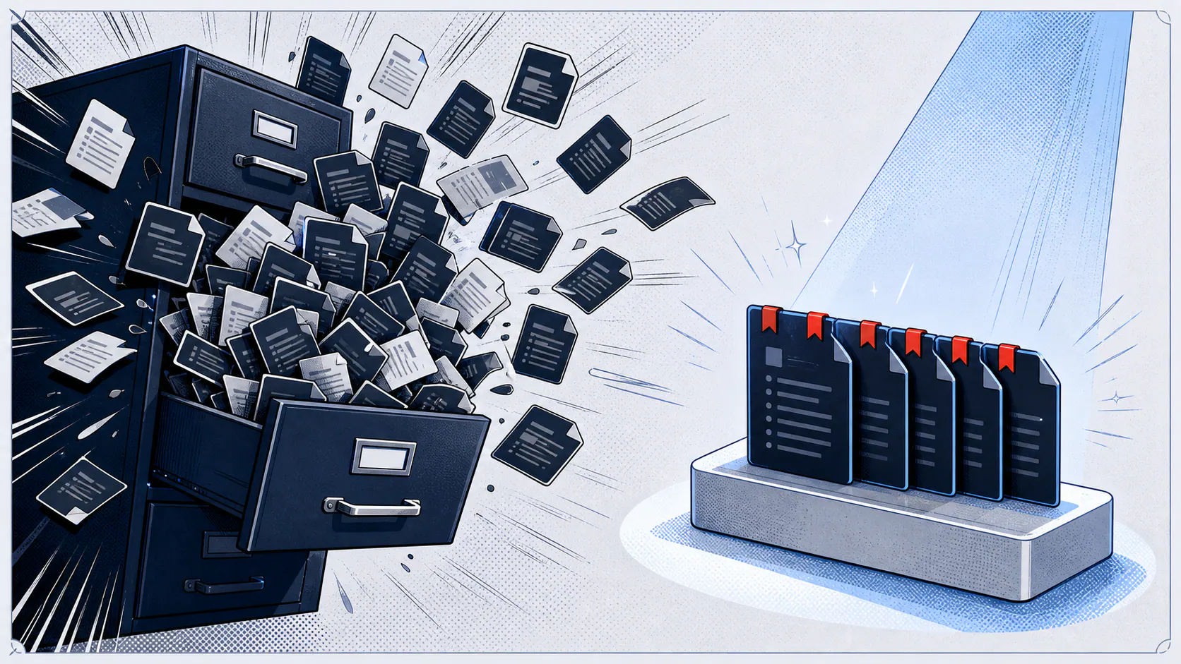 Comic-style filing cabinet releasing many page cards beside a spotlighted set of selected source cards.
